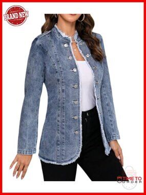 Plus Size Denim Jacket Double Breasted Raw Hem Frayed Coat